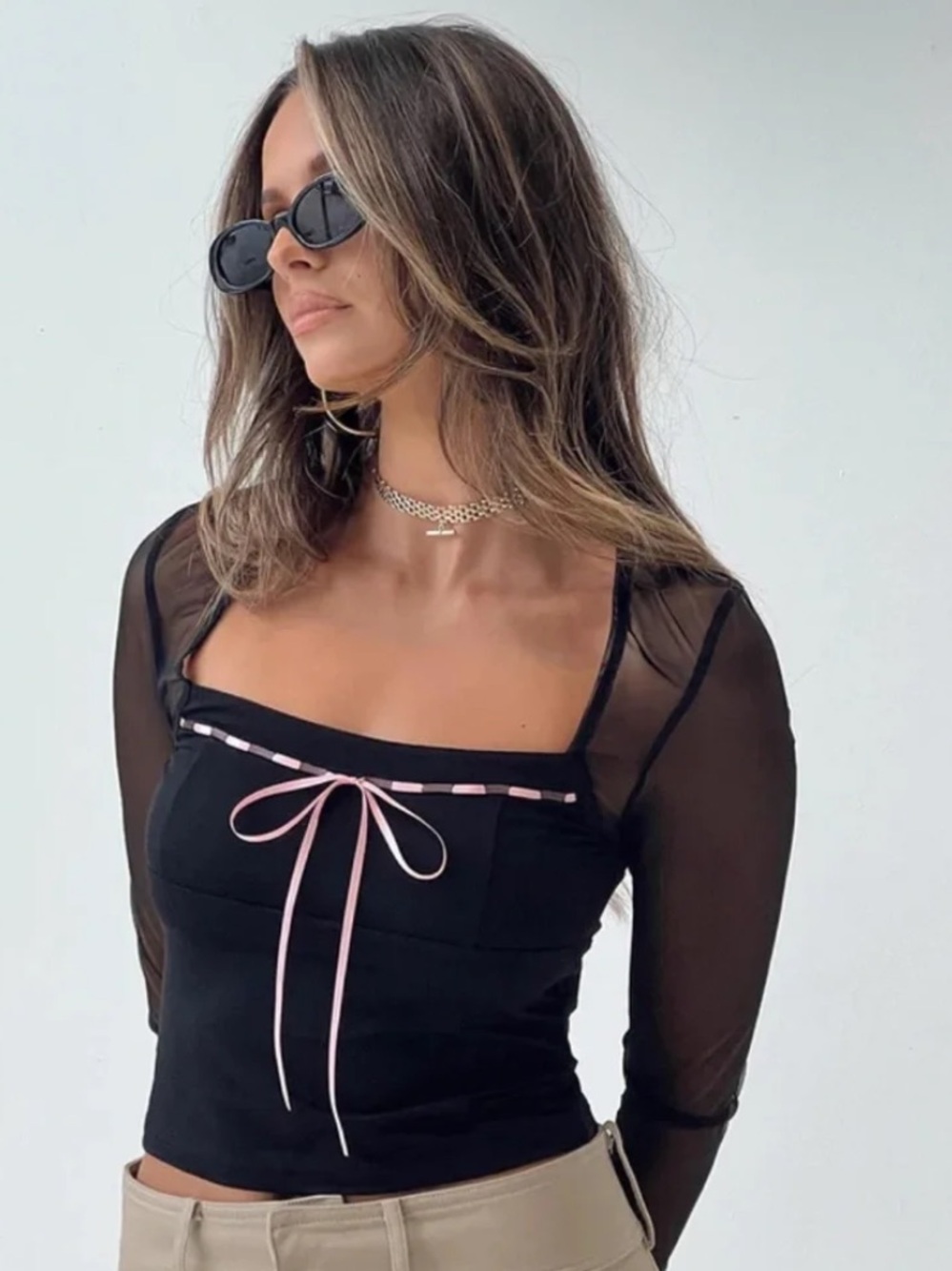 Princess polly black mesh top pink lace bow size 4